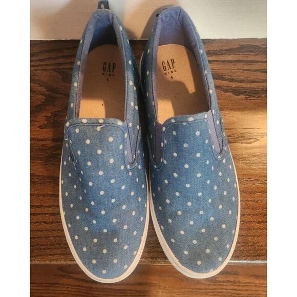 NEW- 2 Pair Lot-GAP Kids Girls Slip-on Sneakers Blue Denim Polka Dot Print-5 & 3 - Picture 13 of 16